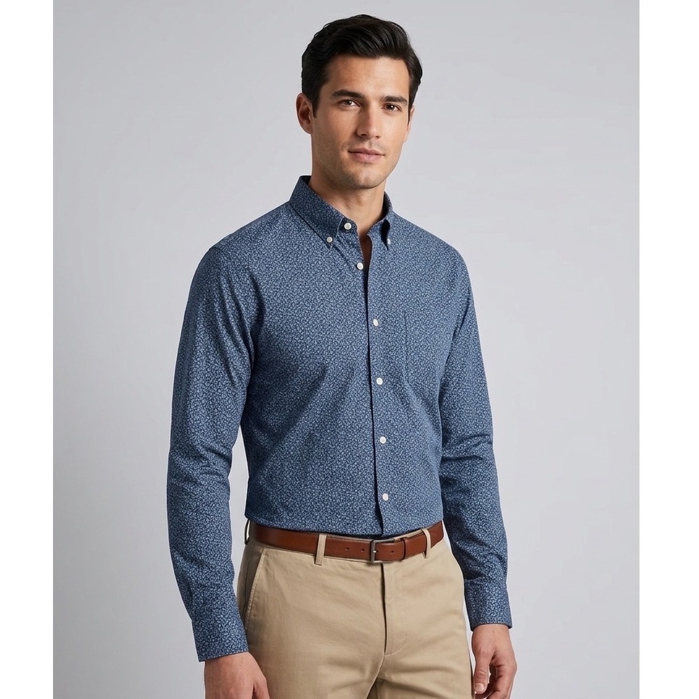 Charles Tyrwhitt Mens Extra Slim Fit Non-Iron Floral Leaf Print Shirt Blue L